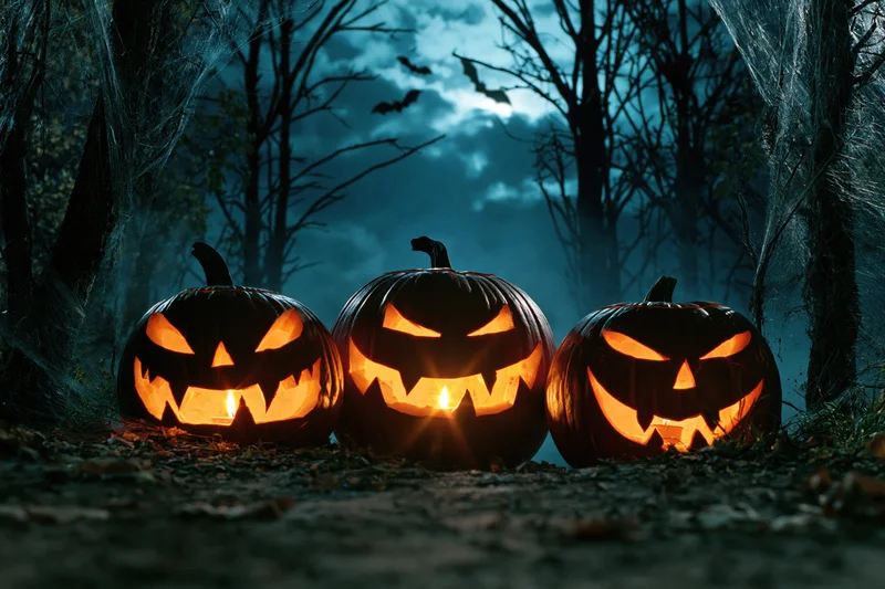 Three carved jack-o-lanterns glowing in a dark forest at night