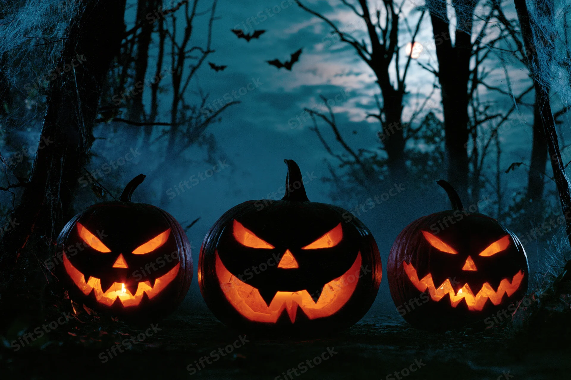 Three carved jack-o-lanterns glowing in a dark forest at night