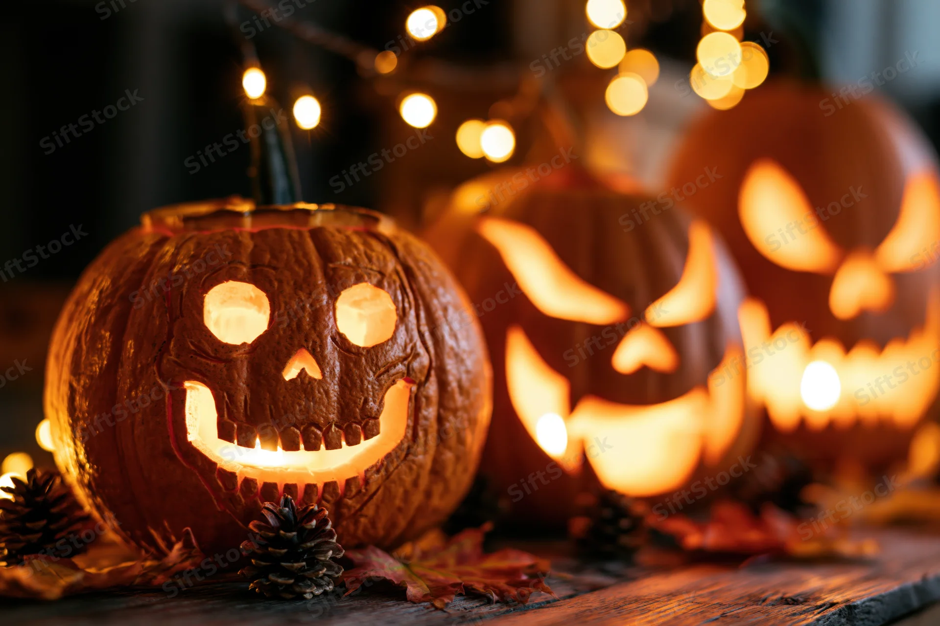 Three carved jack-o-lanterns glowing on a wooden table with autumn leaves and string lights