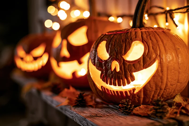 Three carved jack-o-lanterns glowing with candles on a wooden porch at night