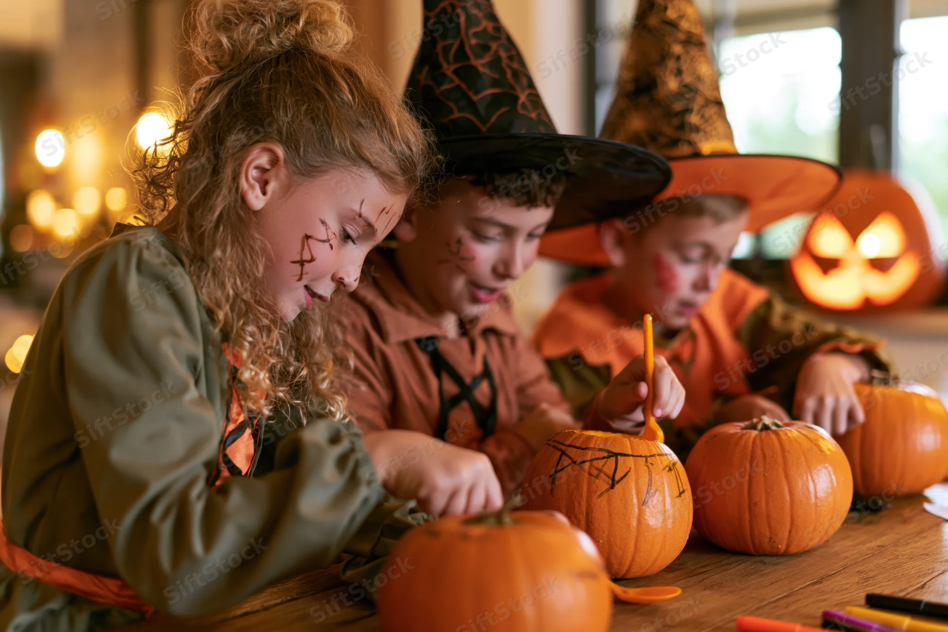 Three children in witch costumes carving pumpkins at a wooden table indoors
