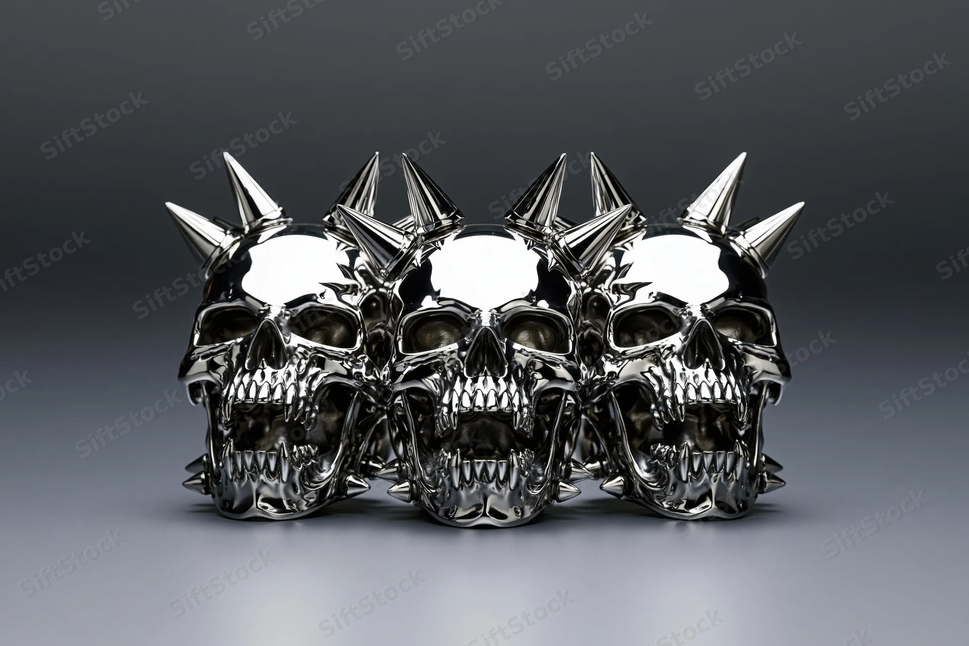 Three chrome metal skulls with spikes arranged in a row on a gray background
