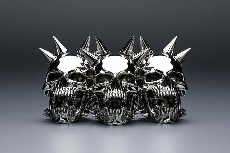 Three chrome metal skulls with spikes arranged in a row on a gray background