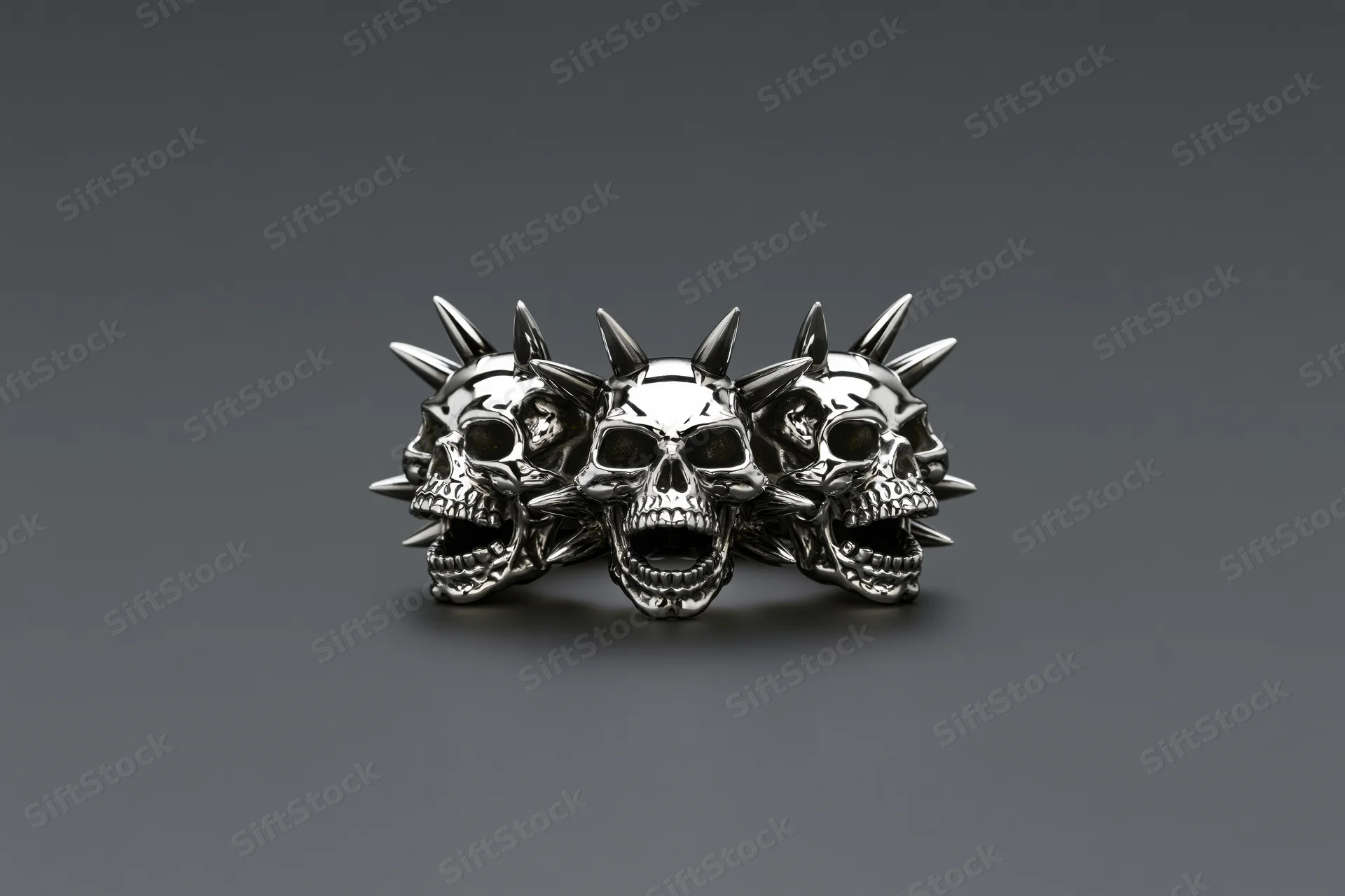 Three chrome skulls with open jaws and spikes arranged as a ring on a gray background