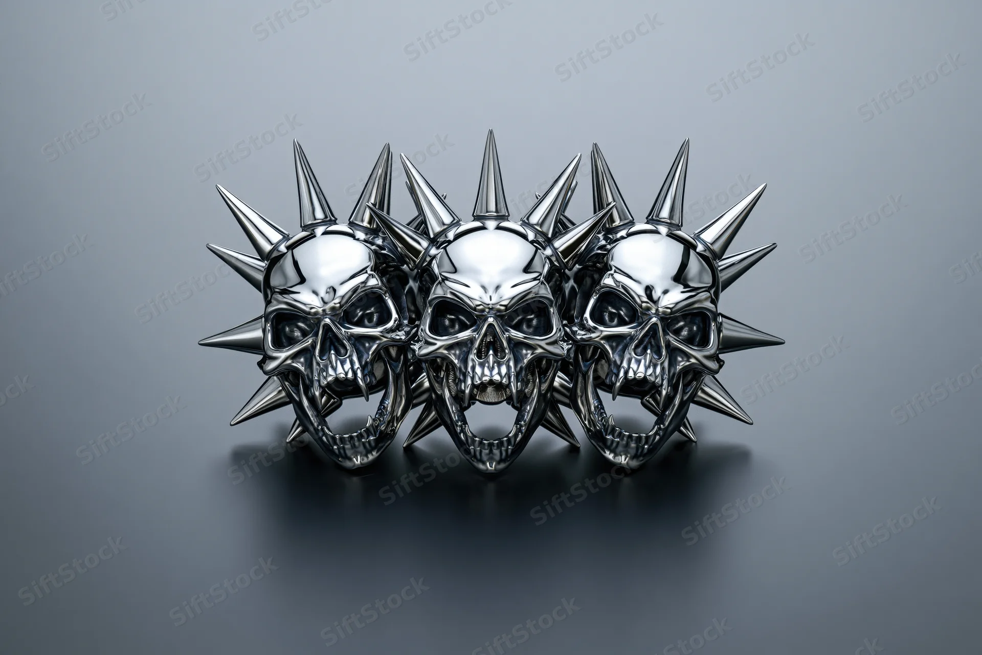 Three chrome skulls with sharp spikes arranged in a row on a gray surface