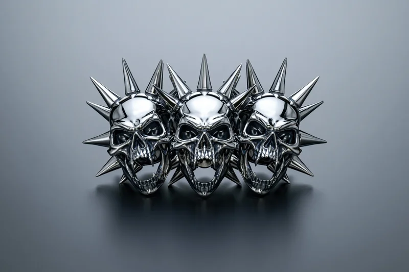 Three chrome skulls with sharp spikes arranged in a row on a gray surface