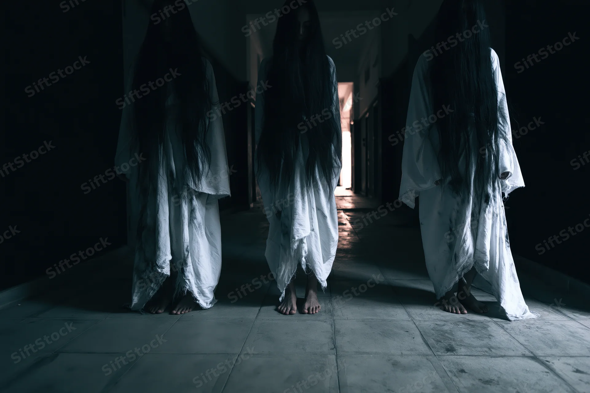 Three ghostly figures in white gowns with long dark hair standing in a dimly lit hallway