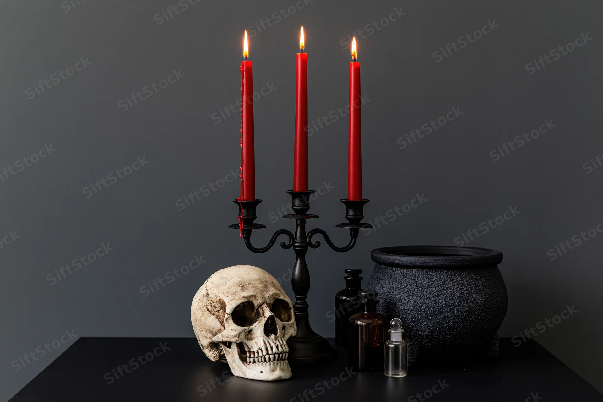 Skull and lit red candles in a black candelabra beside a cauldron and potion bottles on a dark table