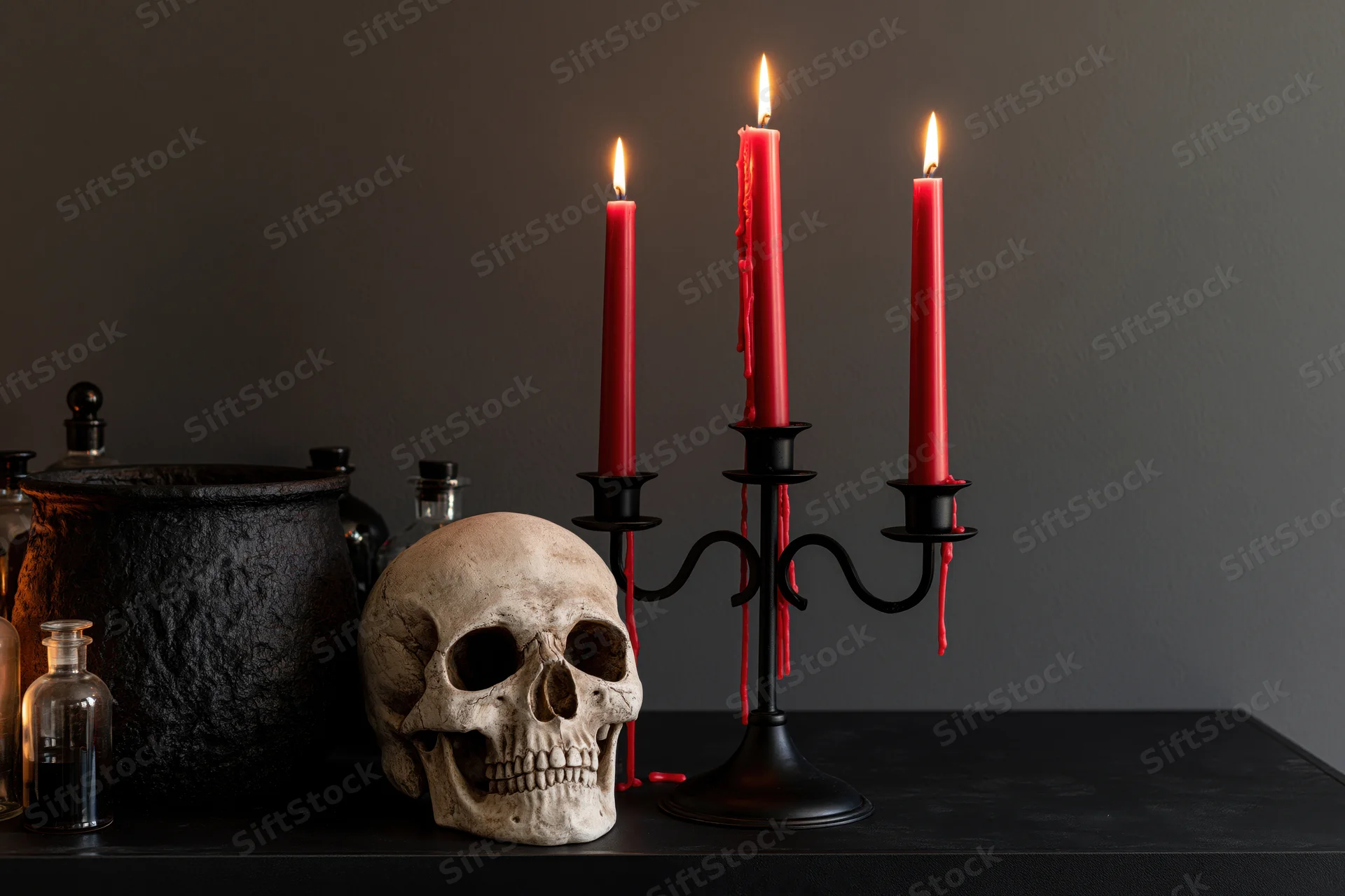 Human skull beside lit red candles in black candelabra on dark table with cauldron and bottles