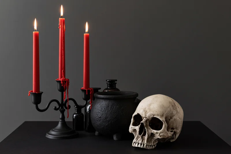 Human skull beside lit red candles in black iron candelabra and cauldron on dark table