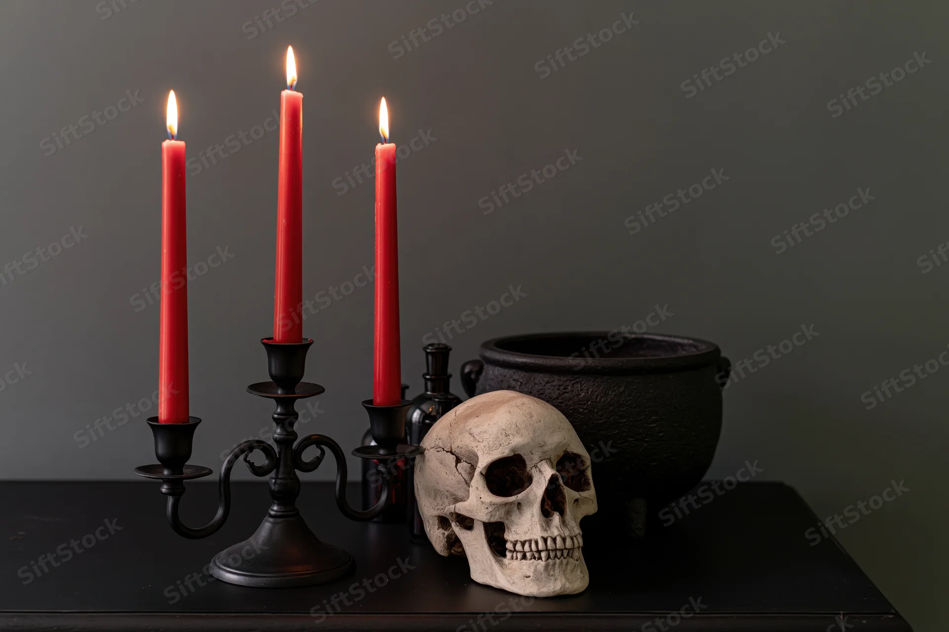 Skull and lit red candles in a black iron candelabra beside a cauldron on a dark table