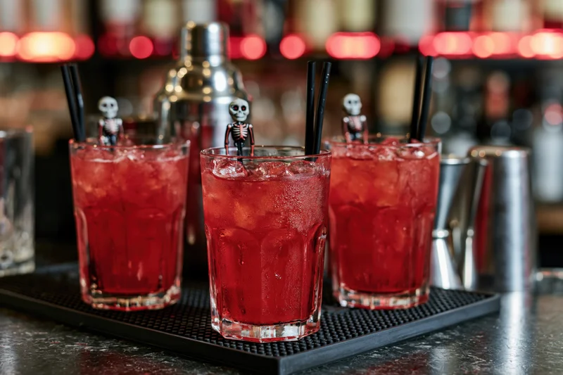 Three red cocktails with skeleton garnishes on a bar counter