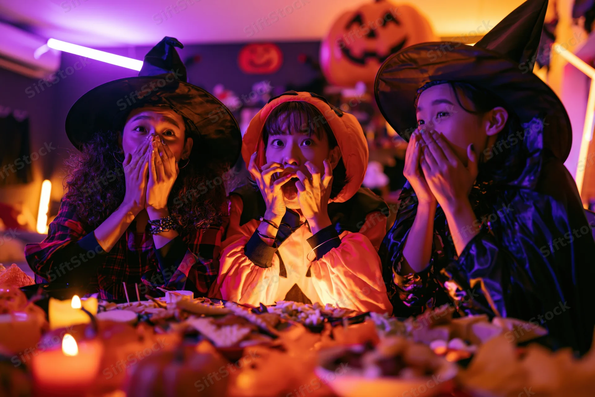 Three young asian women in witch costumes reacting with surprise at a halloween party table with candles and decorations