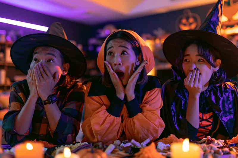 Three young asian women in witch costumes reacting with surprise at a halloween party table with candles and treats