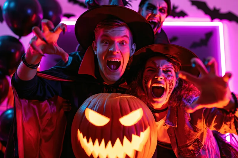 Three young adults in halloween costumes posing playfully with a glowing jack-o-lantern indoors