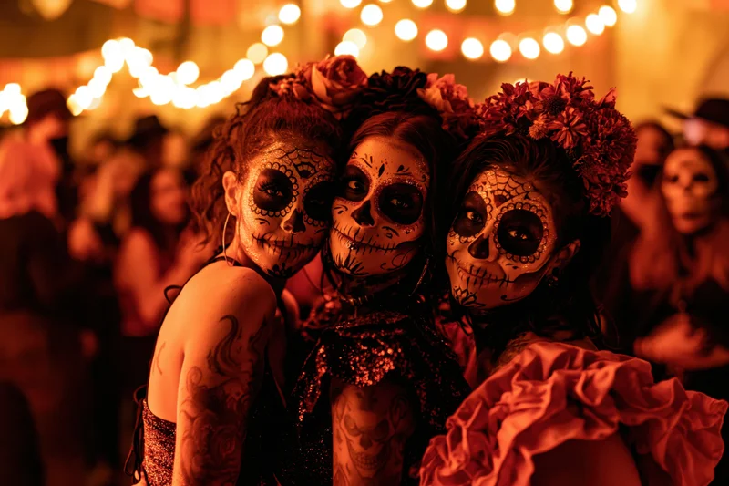 Three young women with sugar skull face paint and floral headpieces hugging at a festive evening gathering