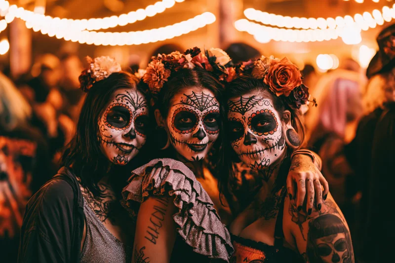 Three young women with sugar skull face paint embracing at a festive night event