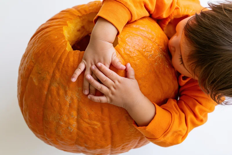 Toddler hugging a large carved pumpkin indoors