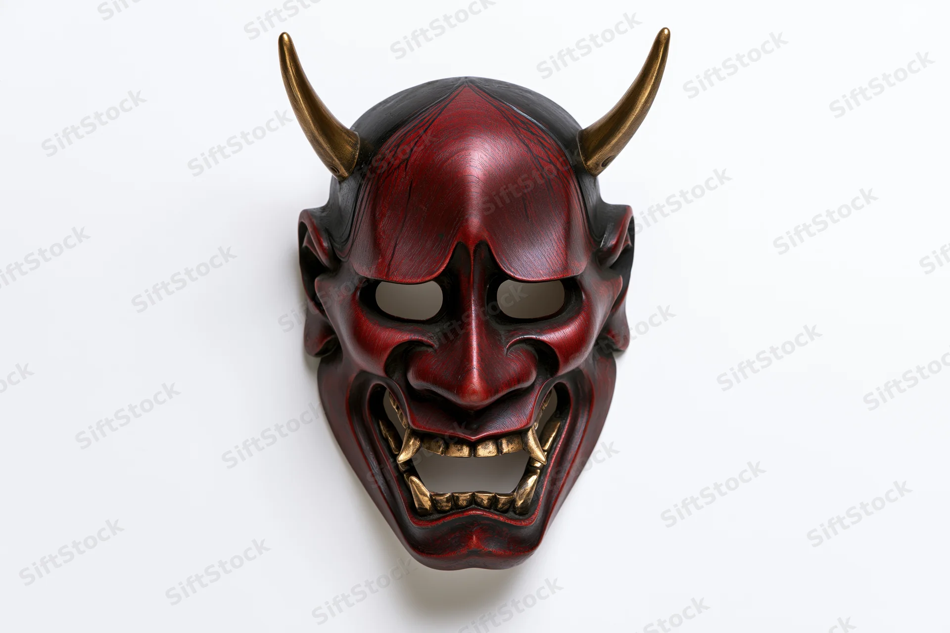 Traditional japanese hannya noh theater mask with red face black horns and gold teeth displayed on white background
