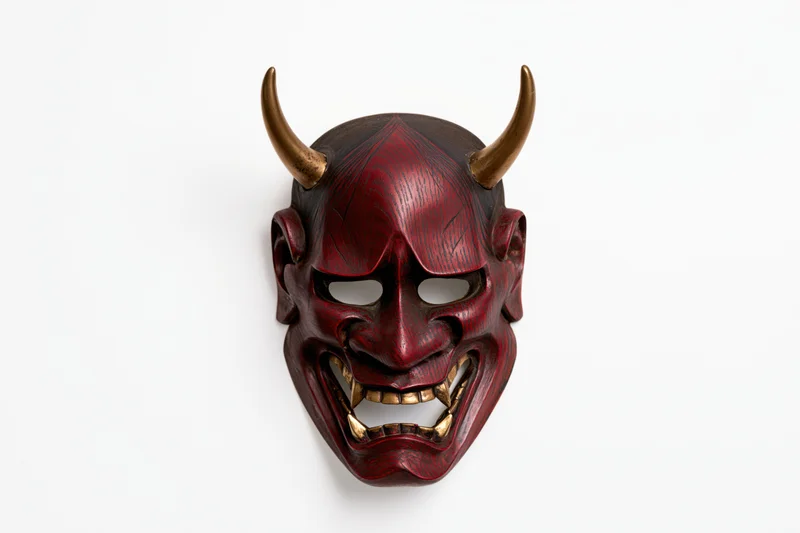 Traditional japanese hannya noh theater mask with red painted face and golden horns displayed on white background