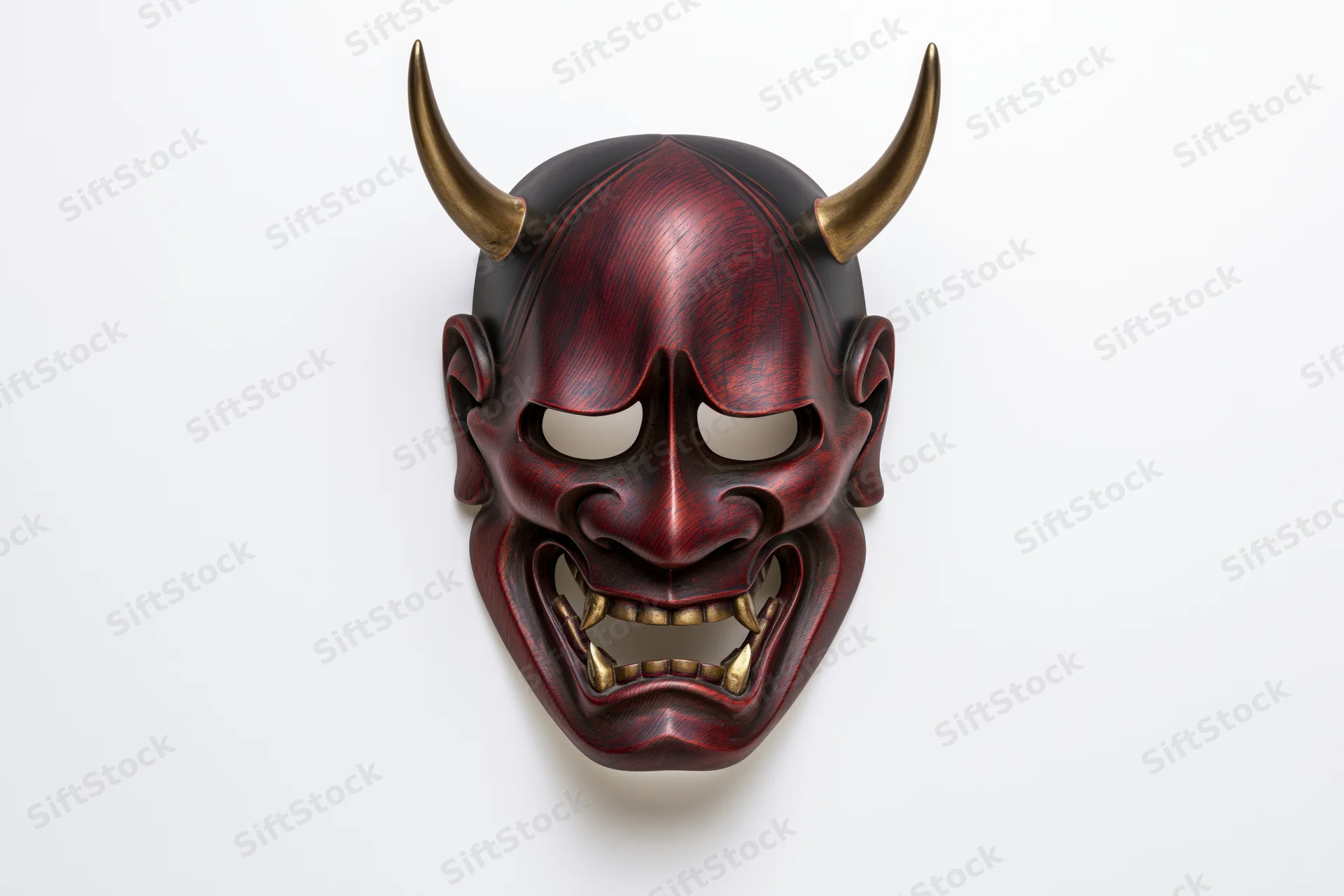 Traditional japanese hannya noh theater mask with horns and fangs displayed against white background