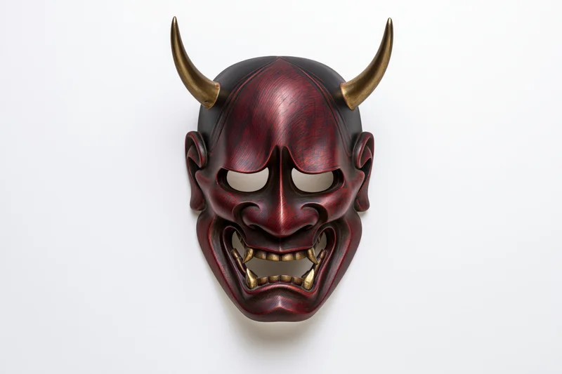 Traditional japanese hannya noh theater mask with horns and fangs displayed against white background