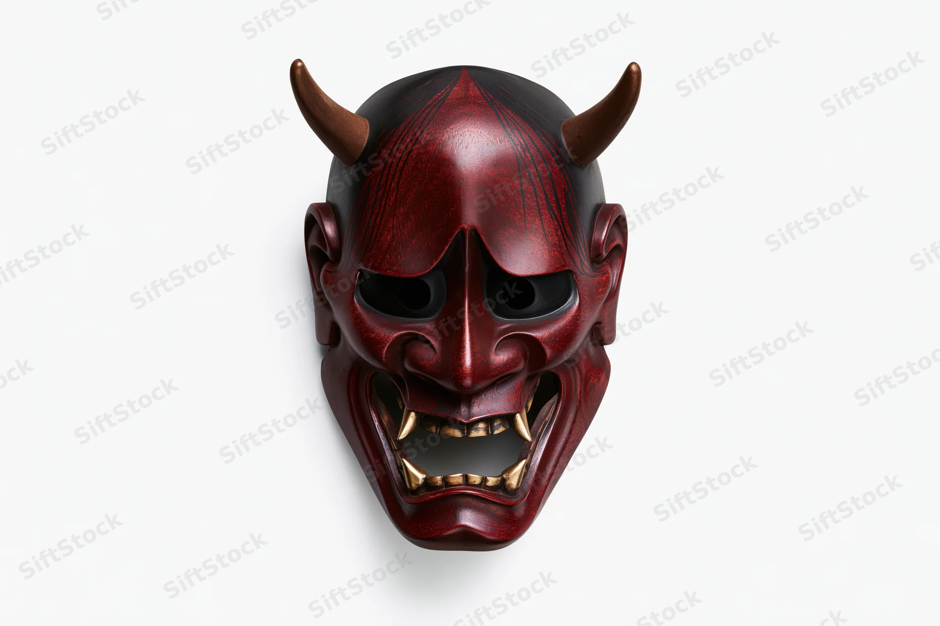 Traditional japanese hannya noh theater mask with horns and fangs on white background