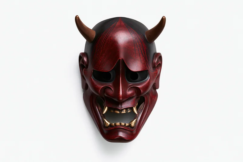 Traditional japanese hannya noh theater mask with horns and fangs on white background