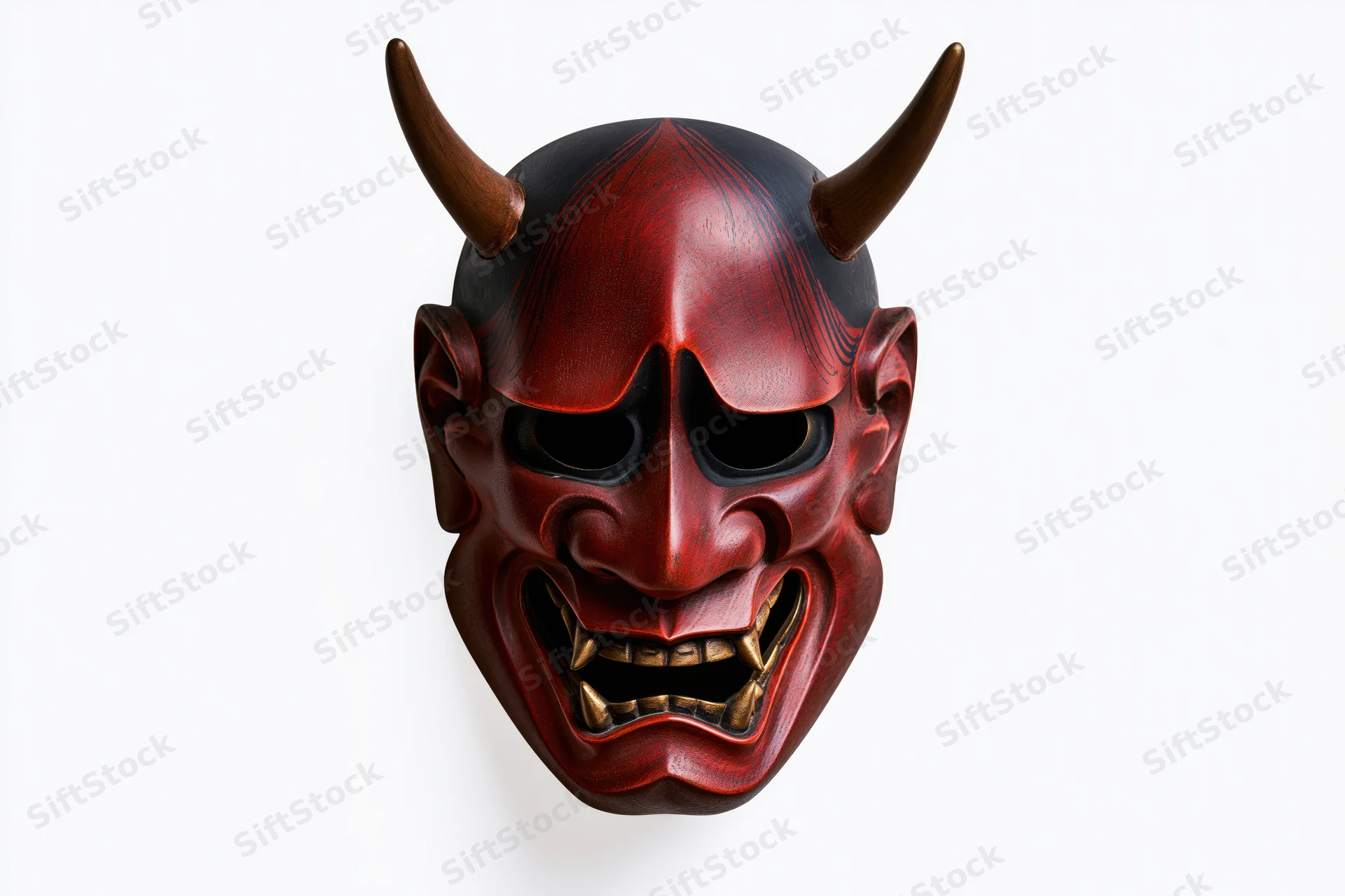 Traditional japanese hannya noh theater mask with red and black painted face, wooden horns, and fanged expression isolated on white background