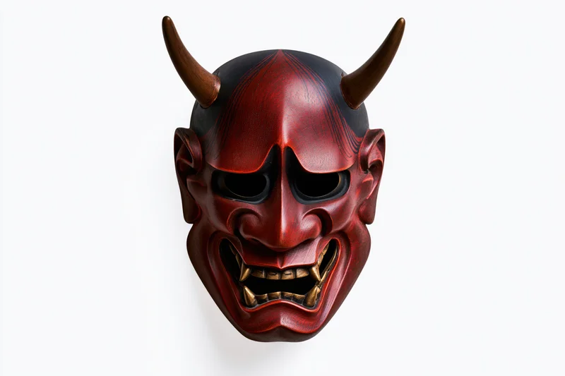 Traditional japanese hannya noh theater mask with red and black painted face, wooden horns, and fanged expression isolated on white background