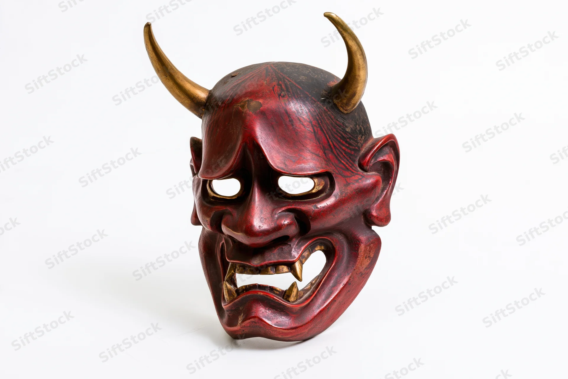 Traditional japanese hannya noh theater mask with red lacquered surface and golden horns isolated on white background