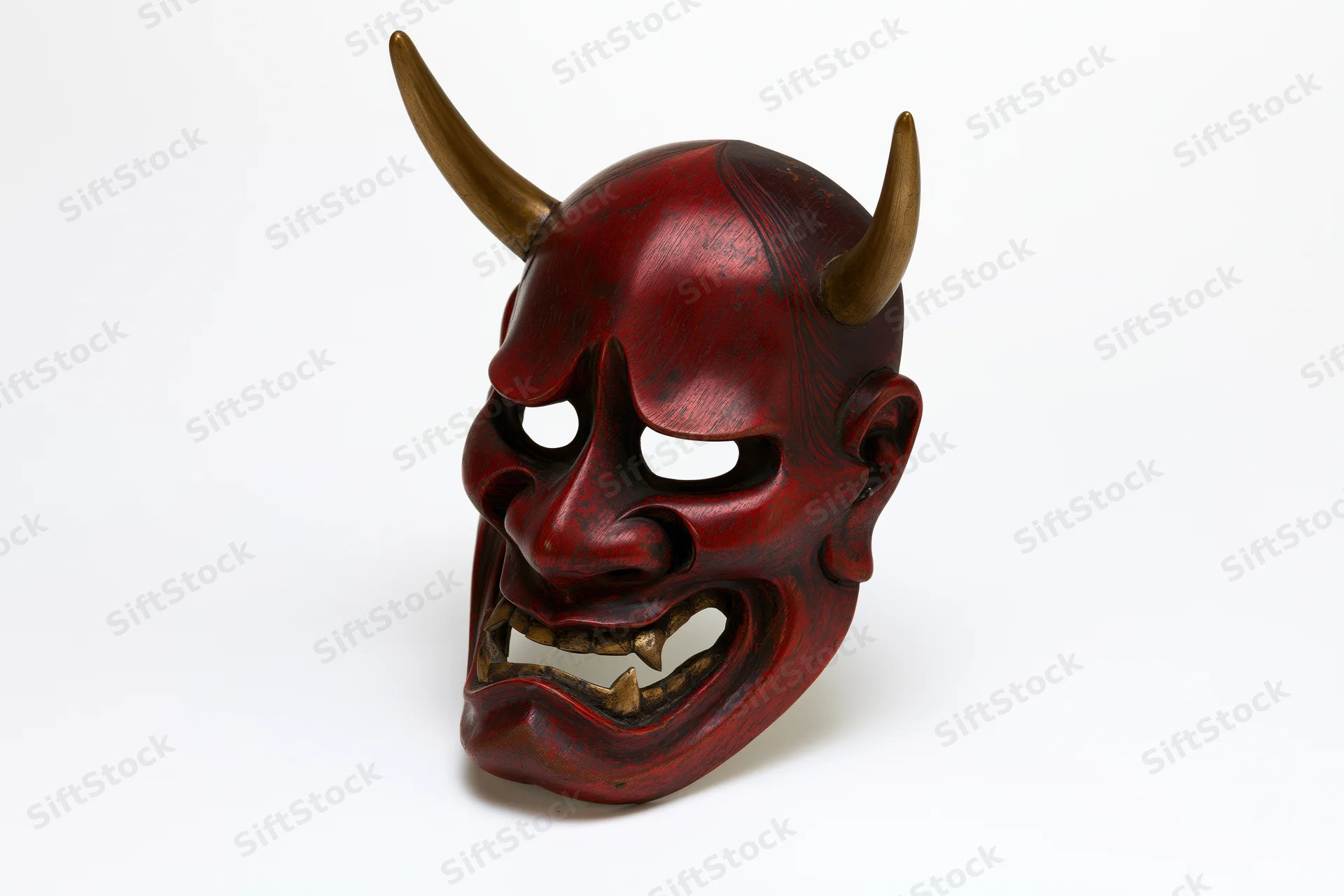 Traditional japanese hannya noh theater mask with horns and fanged expression on white background