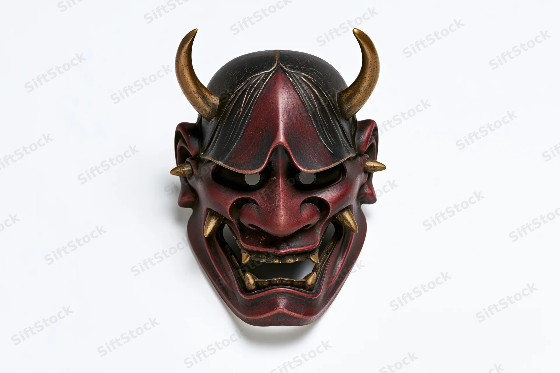 Traditional japanese hannya demon mask displayed face-forward on white background
