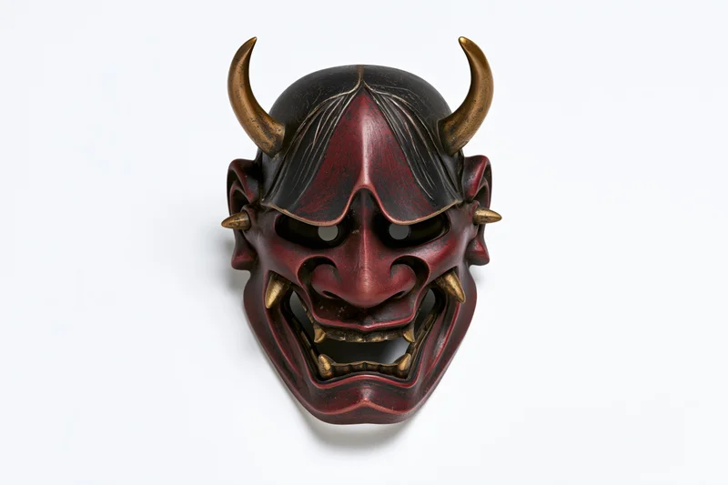 Traditional japanese hannya demon mask displayed face-forward on white background