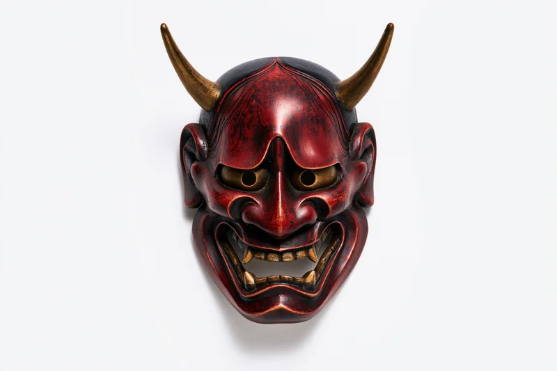 Traditional japanese hannya demon mask displayed face-forward on white background
