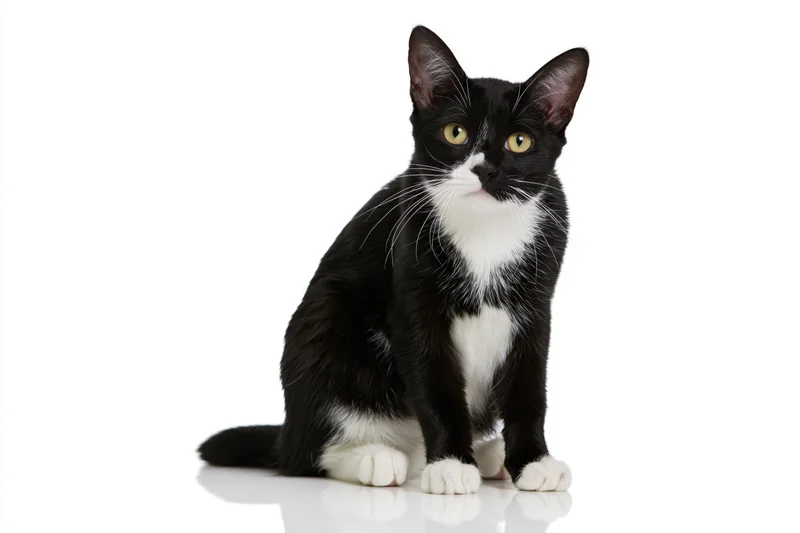 Tuxedo cat sitting upright and looking directly at camera on white background