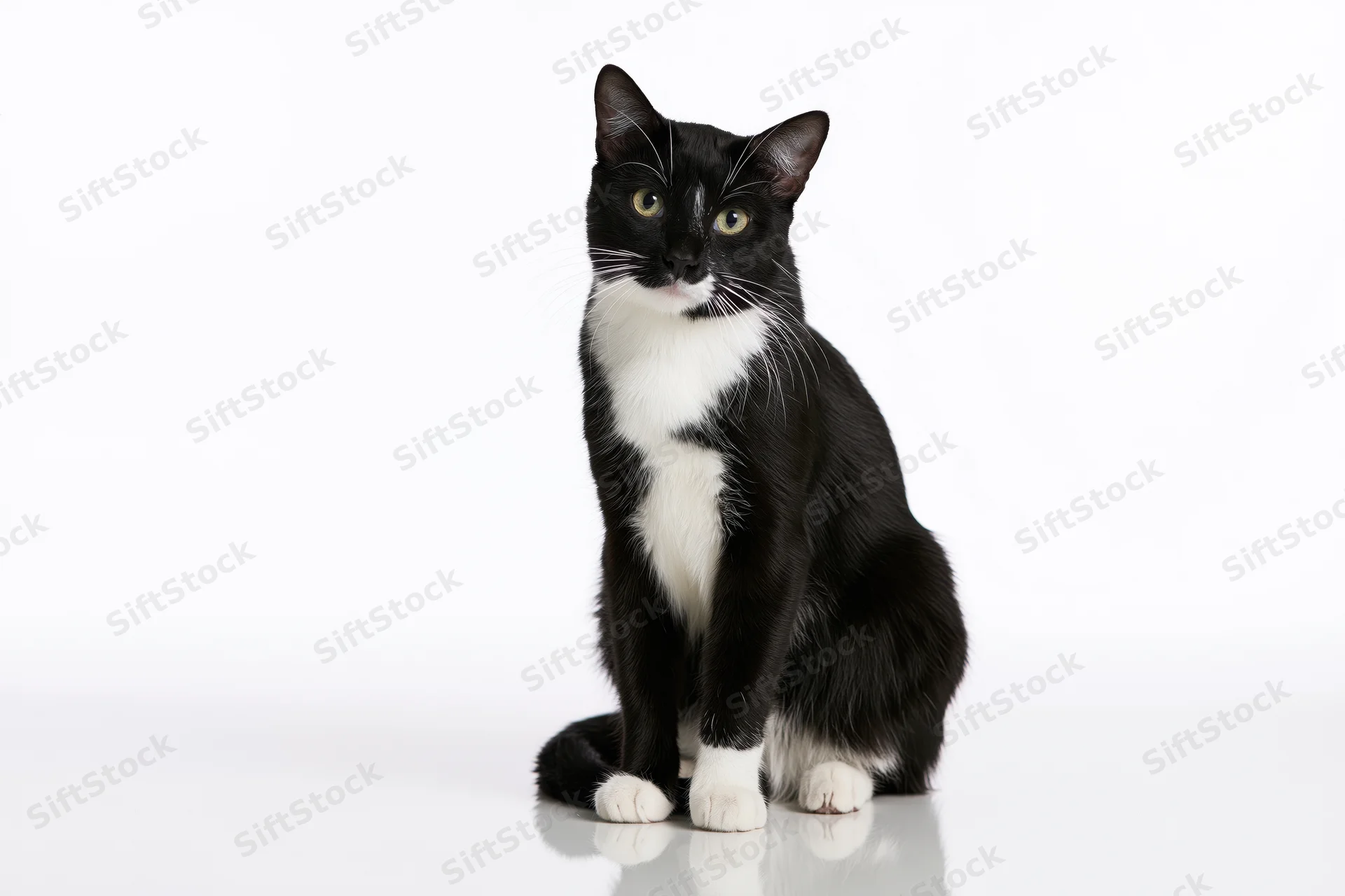 Tuxedo cat sitting upright and looking directly at camera on white background