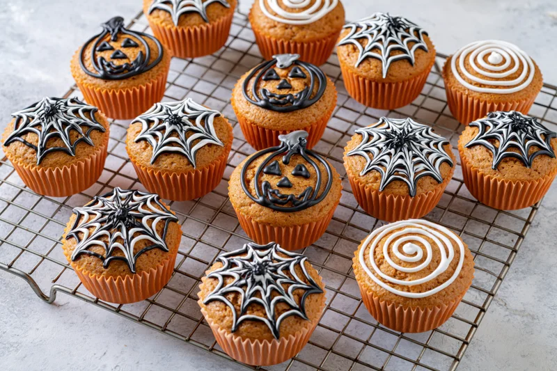 Halloween-decorated pumpkin muffins with spiderweb and jack-o-lantern icing on a wire cooling rack