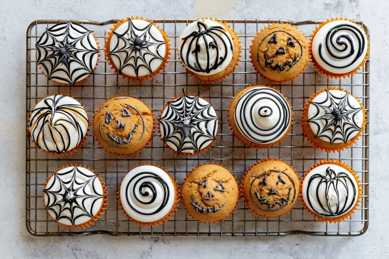 Twelve halloween-decorated pumpkin muffins arranged on a wire cooling rack