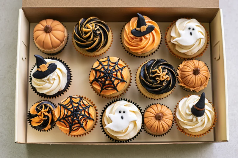 Twelve halloween-themed cupcakes arranged in a cardboard box with orange black and white frosting decorations