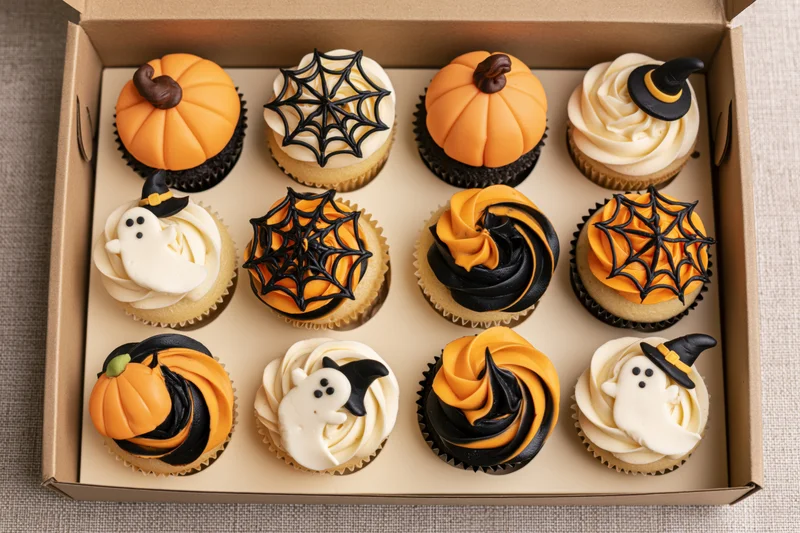 Twelve halloween-themed cupcakes arranged in a cardboard box with pumpkin, ghost, spiderweb and witch hat decorations