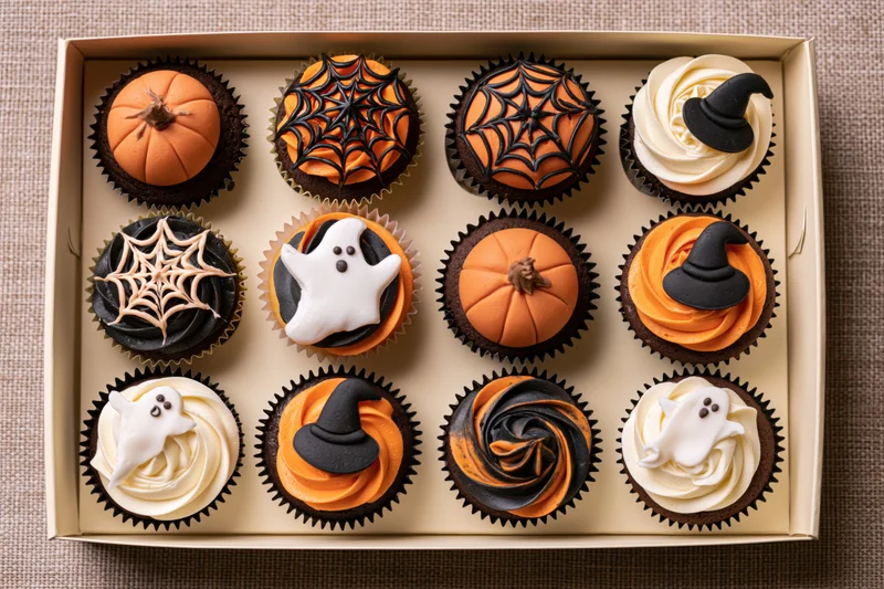 Twelve halloween-themed cupcakes arranged in a cardboard box with orange black and white frosting decorations