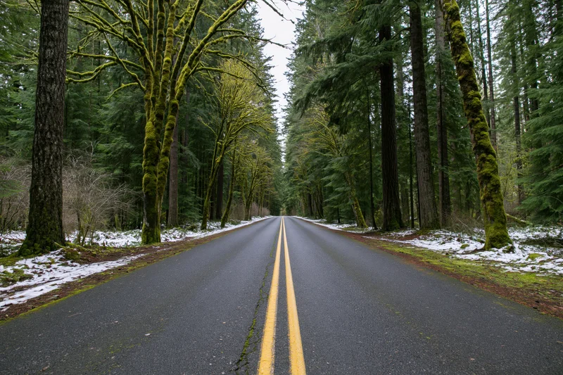 Two-lane asphalt road with double yellow center line receding through moss-covered trees in a snowy forest