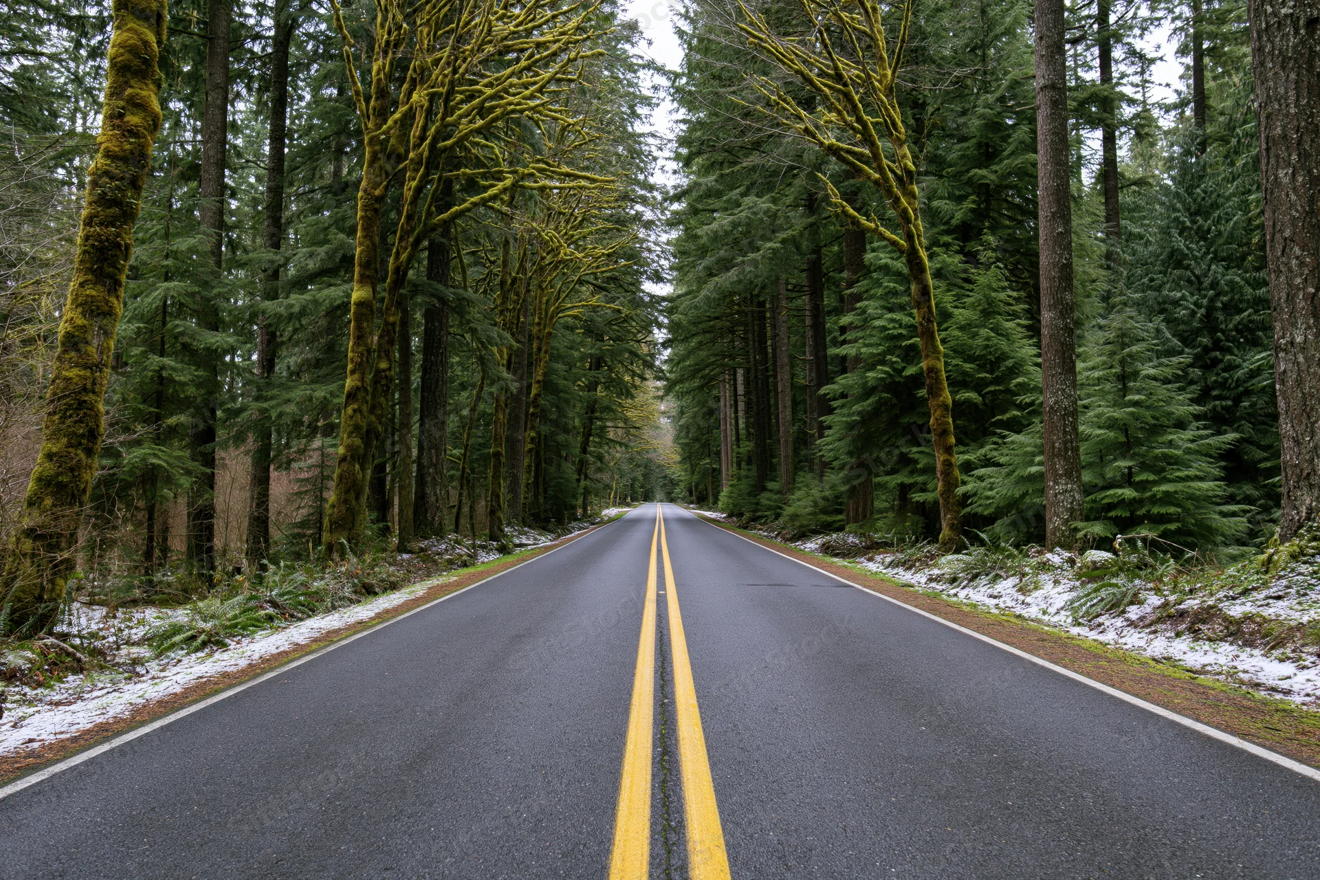 Straight asphalt road with double yellow center line receding through mossy evergreen forest in winter