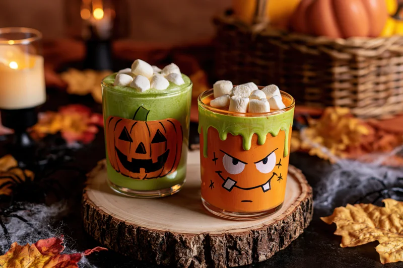 Two halloween-themed drinks in decorated glasses with marshmallows on a wooden slice surrounded by autumn decor