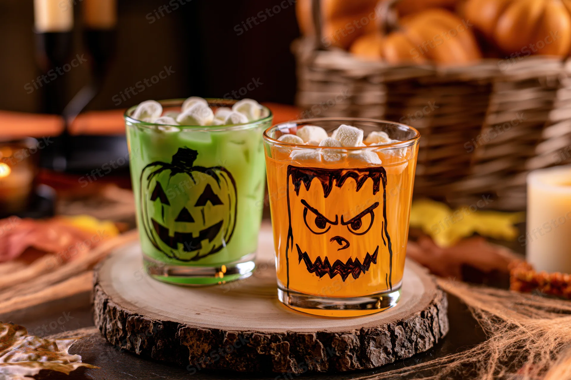 Two halloween-themed drinks in decorated glasses with marshmallows on a wooden slice surrounded by pumpkins and candles