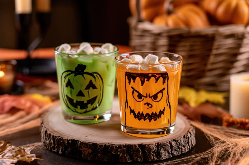 Two halloween-themed drinks in decorated glasses with marshmallows on a wooden slice surrounded by pumpkins and candles