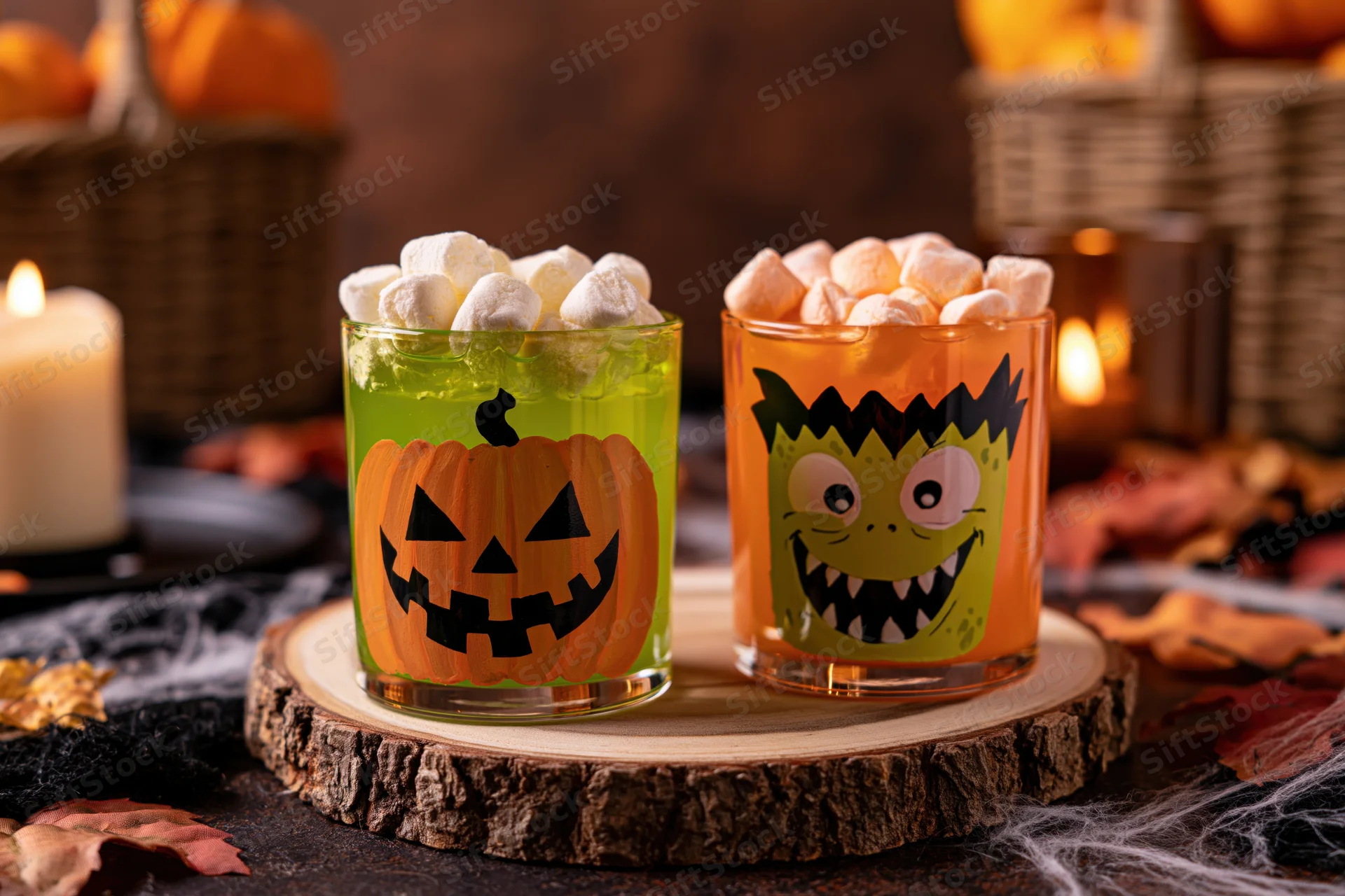 Two halloween-themed drinks in decorated glasses with marshmallows on a wooden slice surrounded by candles and autumn decor