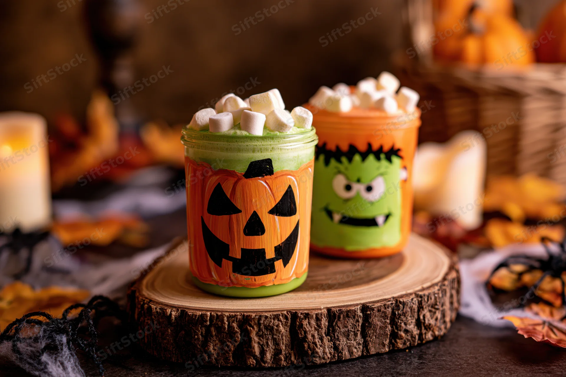 Two halloween-themed drinks in decorated jars with marshmallows on a wooden slice surrounded by festive decor