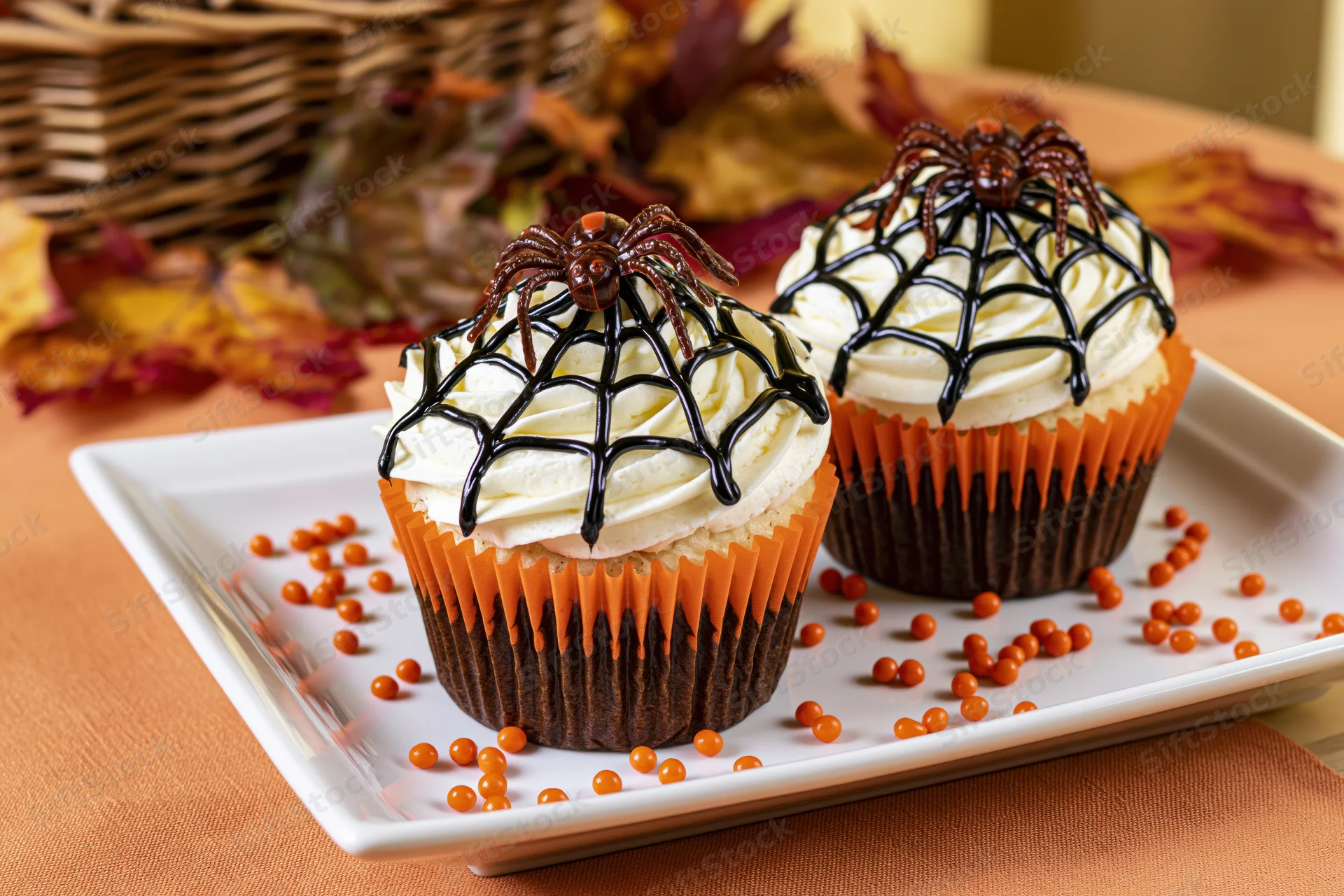 Two halloween cupcakes with chocolate spiderwebs and candy spiders on a white plate surrounded by autumn leaves and orange beads